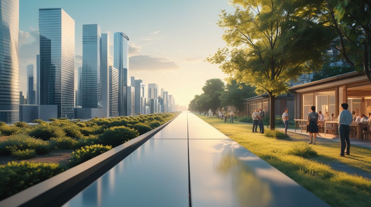 Sustainable urban development with green spaces and modern architecture